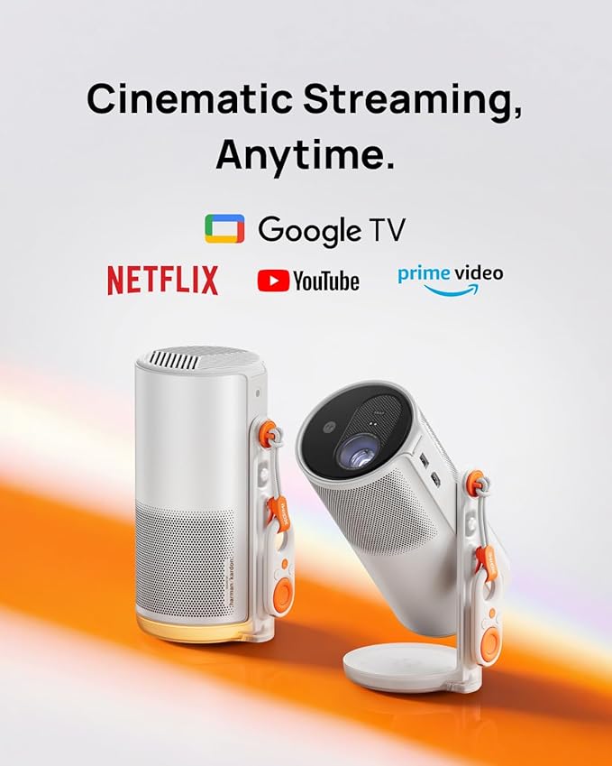 New Launch MoGo 4 Portable DLP Projector, 1080P FHD, 450 ISO Lumens, Google TV with Licensed Netflix, 2.5Hr Battery, 360°Adjustable Stand, 2×6W Harman Kardon Speakers, Sunset Filter