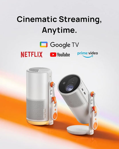 New Launch MoGo 4 Portable DLP Projector, 1080P FHD, 450 ISO Lumens, Google TV with Licensed Netflix, 2.5Hr Battery, 360°Adjustable Stand, 2×6W Harman Kardon Speakers, Sunset Filter