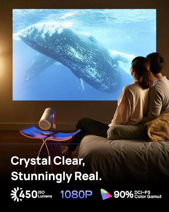 New Launch MoGo 4 Portable DLP Projector, 1080P FHD, 450 ISO Lumens, Google TV with Licensed Netflix, 2.5Hr Battery, 360°Adjustable Stand, 2×6W Harman Kardon Speakers, Sunset Filter